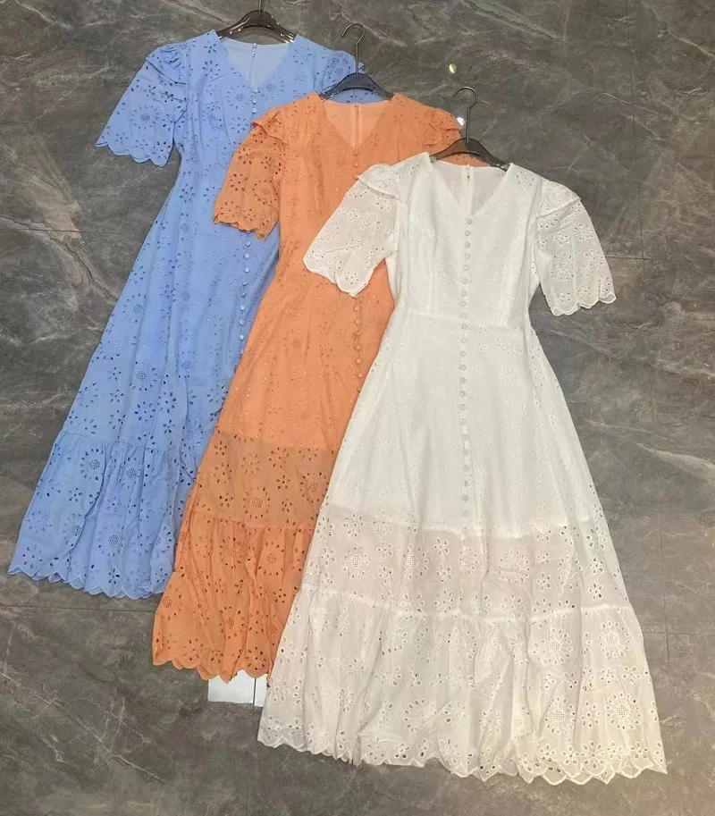 

New 2023 Summer Long Dress High Quality Women V-Neck Allover Hollow Out Embroidery Short Sleeve Casual White Blue Orange Dress