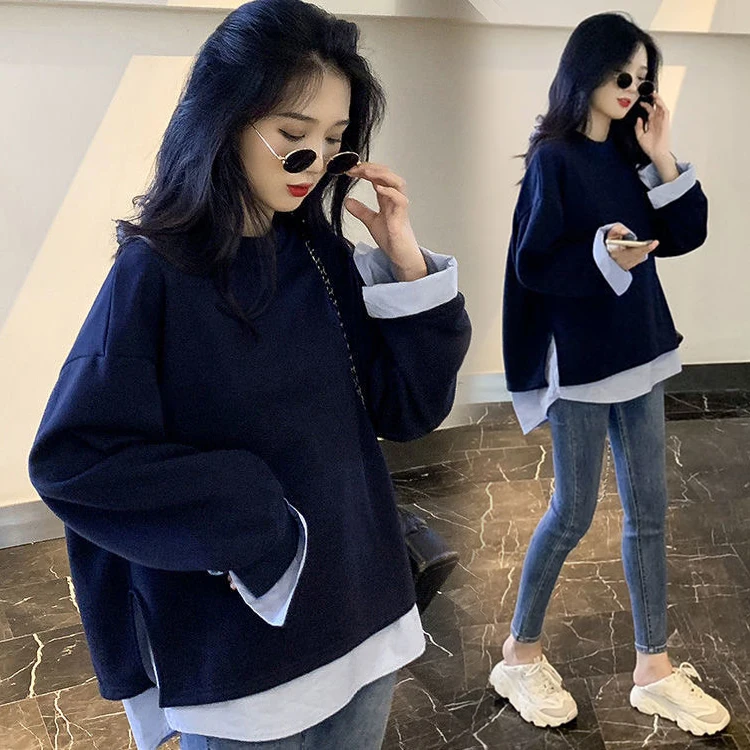 2025 Spring and Autumn Pregnant Women Fashion Style Loose Fleece Jacket Navy Blue Maternity Sweatshirts Casual Pregnancy Hoodies 5