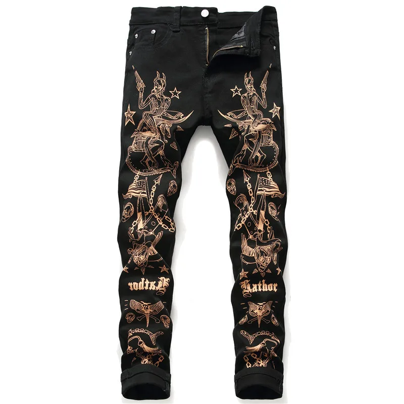 

Trendyol streetwear calca rock mens slim jeans printed jeans black pants jeans men vaqueros de hombre