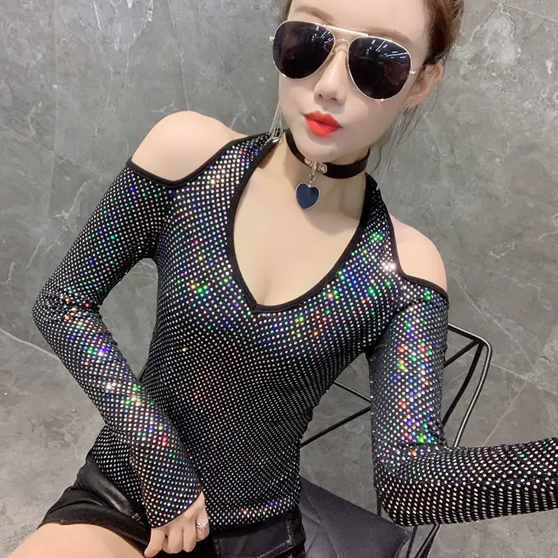 

Spring Autumn Y2K Fashion Sequins T-shirts Women Harajuku Sexy Lady Tops Undershirt Long Sleeve Hollow Out Chic Female Clothes