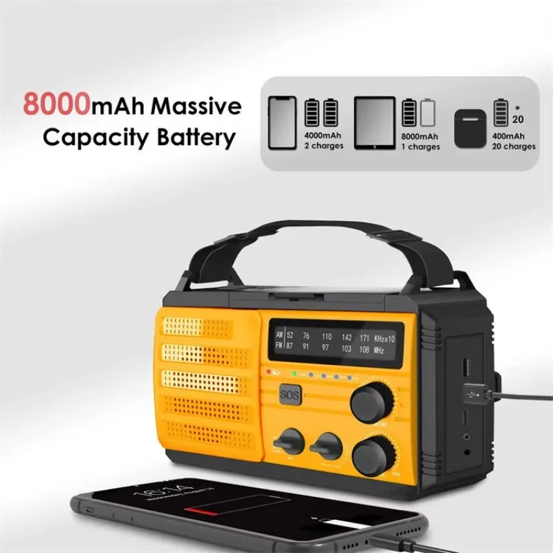 신뢰할 수 있는 8000mAh 야외 비상용 태양광 핸드 크랭크 라디오 AM FM 내장 충전 케이블 생존용 충전식 플라스틱 손전등