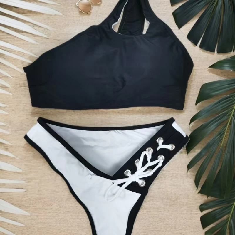 Sexy Swimsuit One-shoulder Black Bra High-waisted Briefs Two-piece Split Bikini