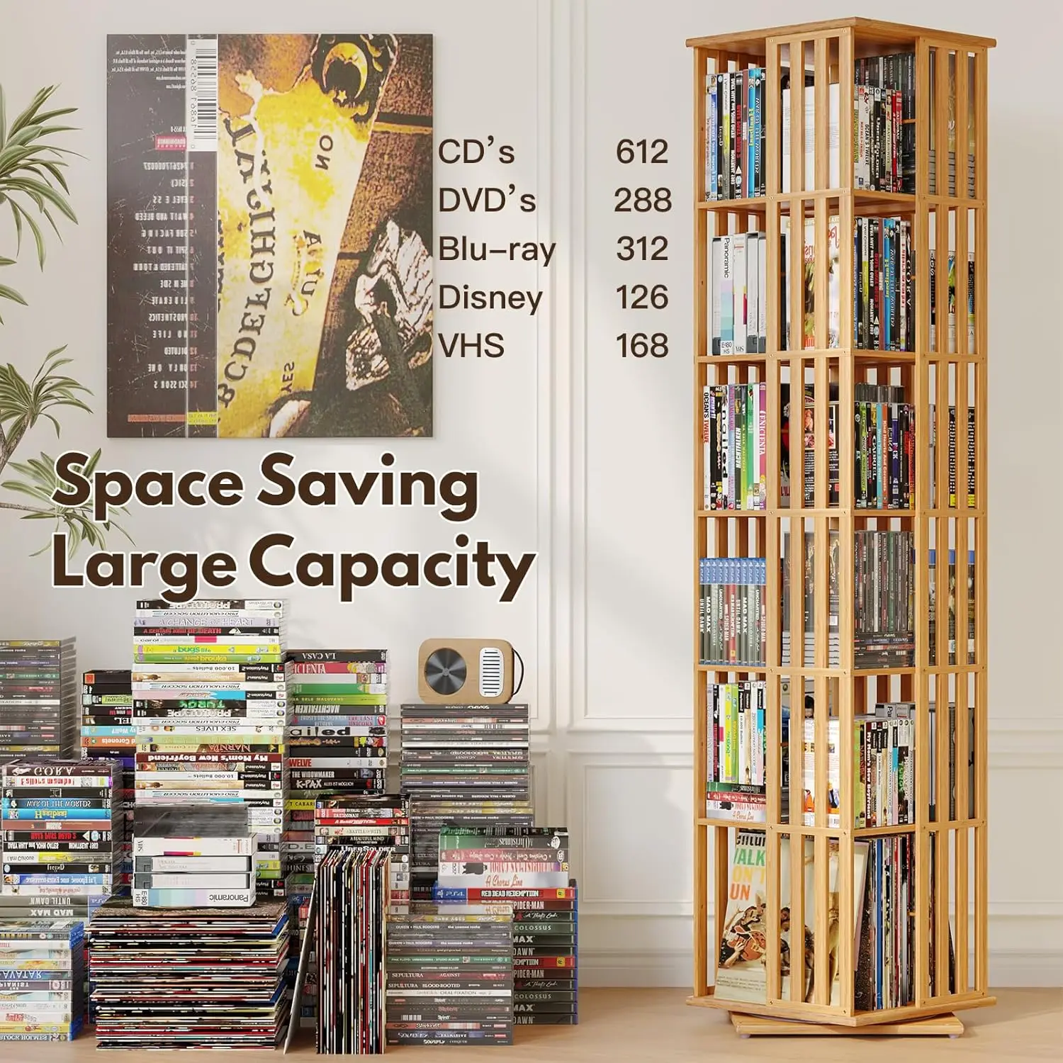 360° Rotating Bamboo CD/DVD Shelf - 6-Tier Space-Saving Media Storage Cabinet for Movies, Organizer with Super Compact Design