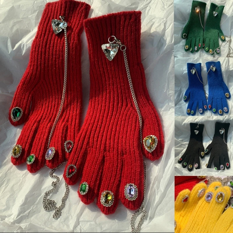 

for rhinestone Decor Knit Gloves for Adult Women Soft Solid Color Mitt Dropship