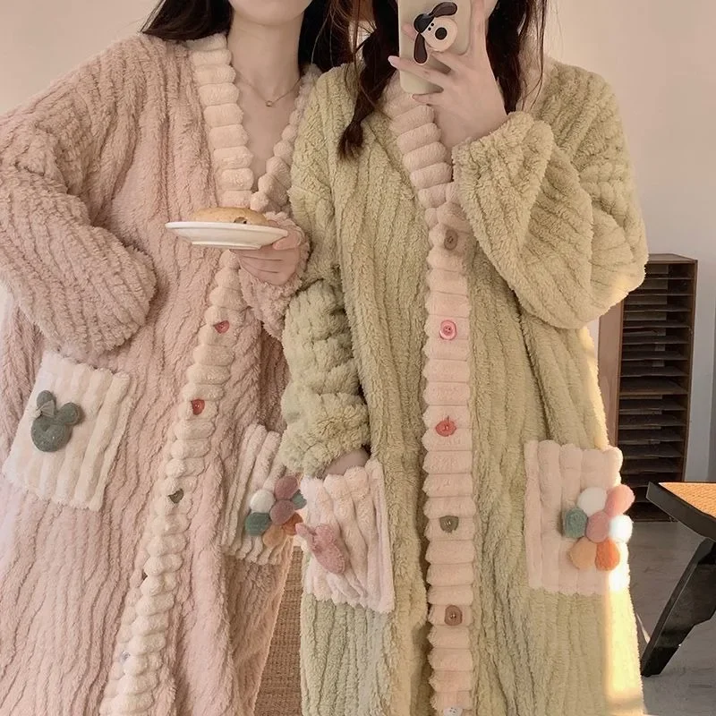 Coral Velvet Pajamas Winter Women's Plush Thickened Bathrobe Autumn Long Bathrobe Flannel Sleepwear V-neck Nightwear 2023 New