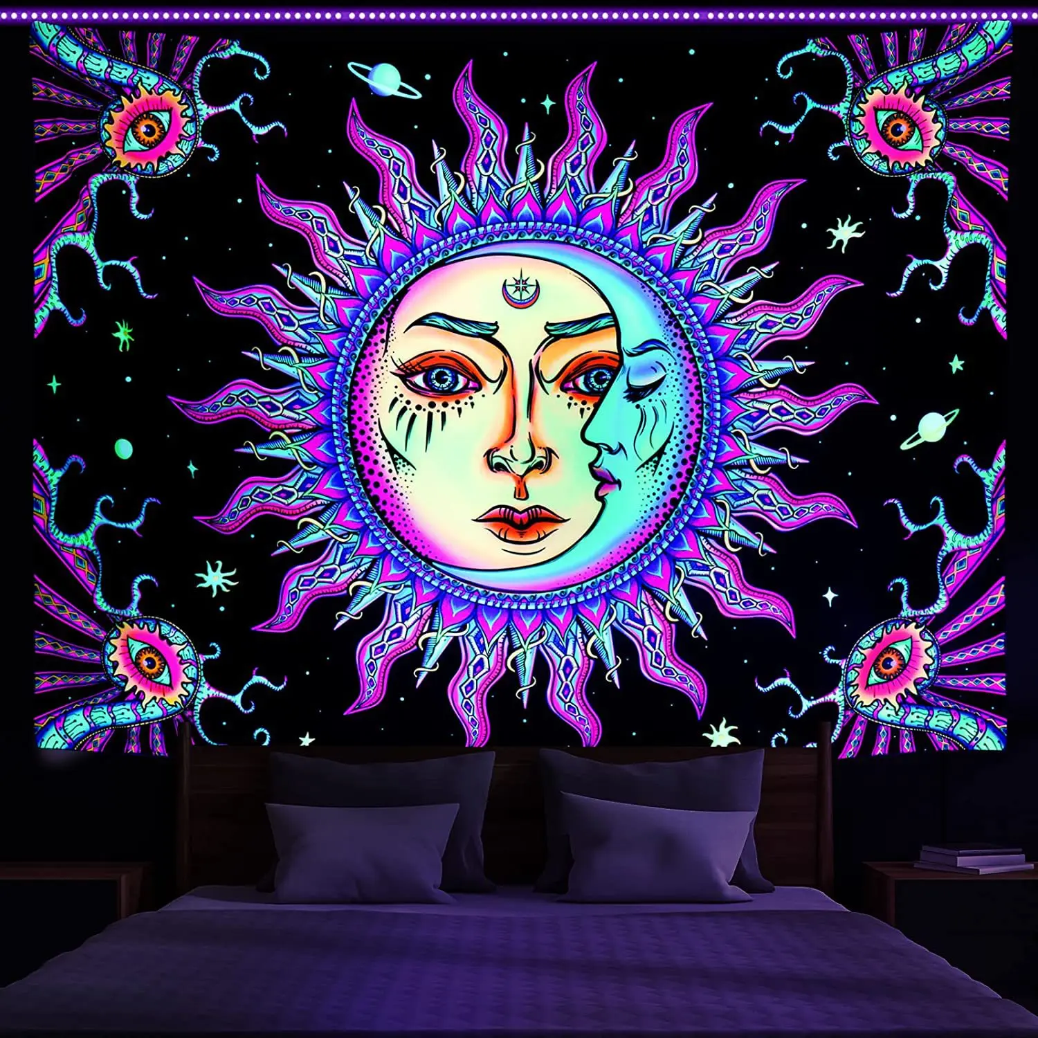Psychedelic Black Light Indie Mandala Flourescent Tapestry Buddha UV Reactive Tapestries Wall Hanging Hippie Tapestry Room Decor 2