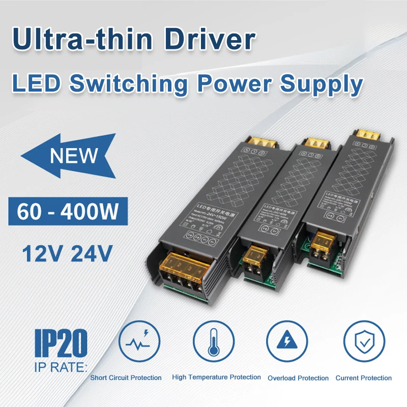 

New Ultra-thin LED Power Supply Driver 12V/24V 60W 100W 150W 200W 300W 400W Lighting Transformer for Strip Advertising Light Box