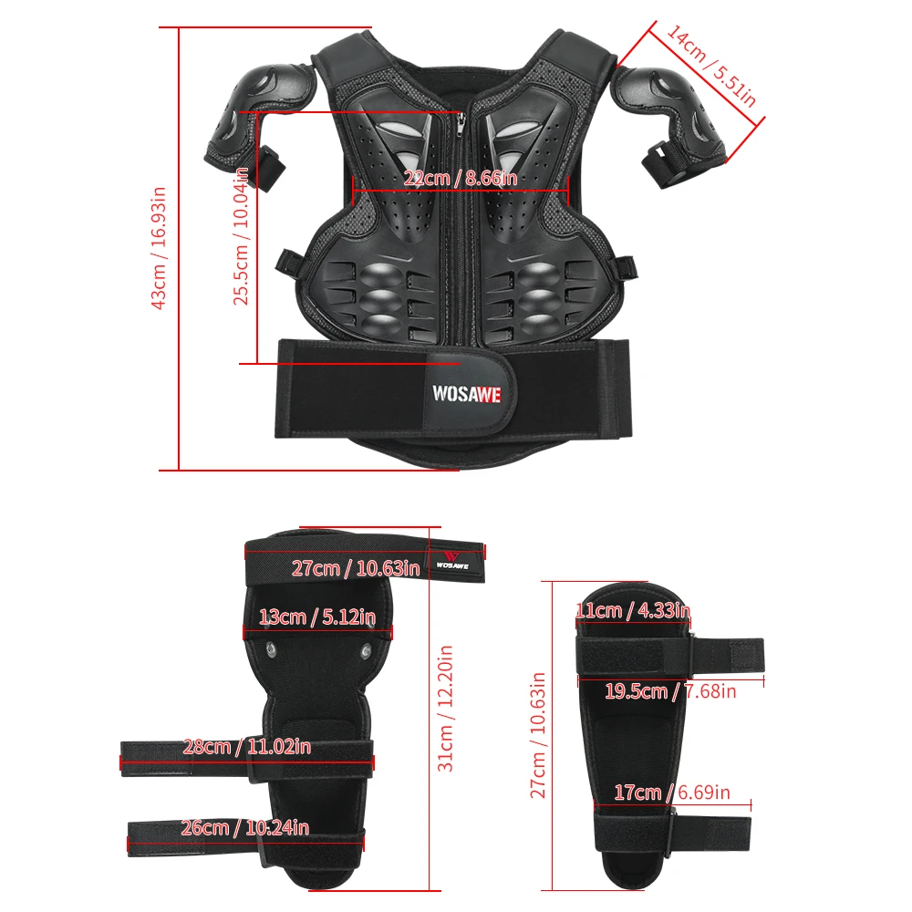 WOSAWE Kids Bike Armor Vest Skateboard Kneepads Elbow Guard Motocross Body Back Protective Gears Child Safety Protector Kits
