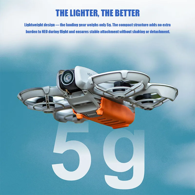 Béquille VOLODYMYR pour DJI Neo fixée sous le drone, assurant stabilité au sol.