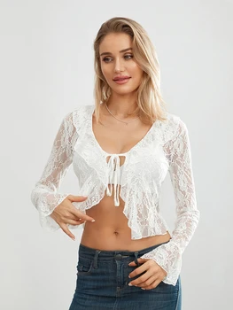 Women's Summer Lace Crop Tops Flare Long Sleeve Tie Front Sheer Cardigan Clubwear 2