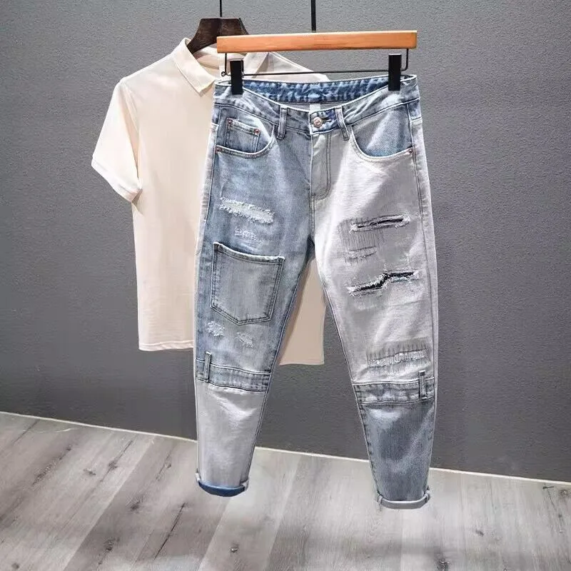 Men Ripped Jean Distressed Jeans Denim Washed Ankle Length Pencil Pants Spliced Patchwork Jeans Skinny Holes High Street