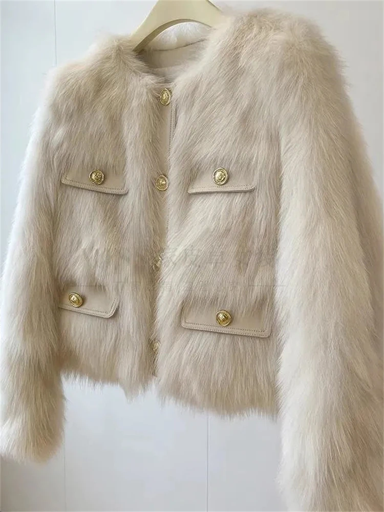 Korean Short Faux Fur Jackets Vintage Slim Imitate Fox Furs Coats Warm Fashion Fall Winter Outerwear Women Luxury Furry Chaqueta