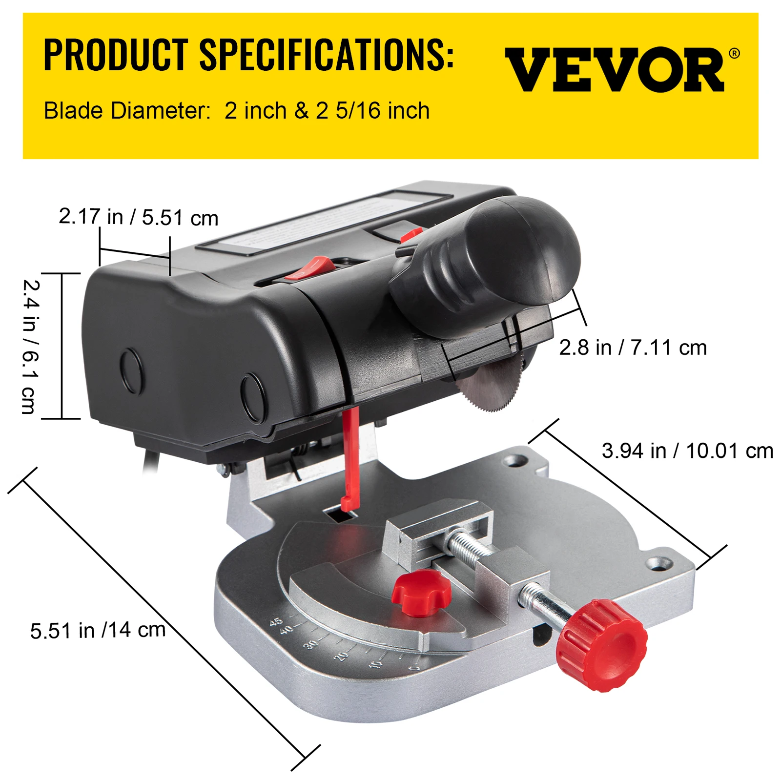 VEVOR Mini Miter Cut-off Chop Saw 0-45° Home DIY Benchtop Table Cutting Machine Steel and Resin Blades for Wood Plastic Metal 6
