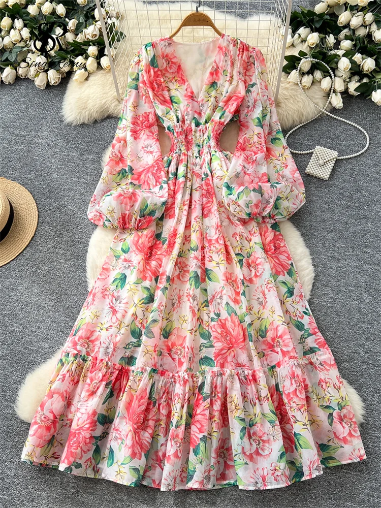 SINGREINY High Quality Print Maxi Dress V Neck Long Puff Sleeves Ruffles  Female Autumn Vintage Elegant Party Large Swing Dresses - AliExpress  200000345