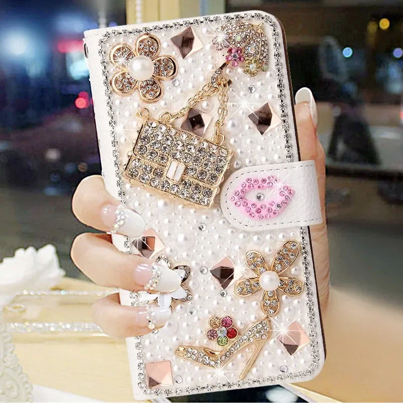 Bling Diamond Rhinestone Flower Case for iPhone, 11, 12, 13, 14, 15 Pro Max, Leather Magnetic Flip Wallet, Book Cover
