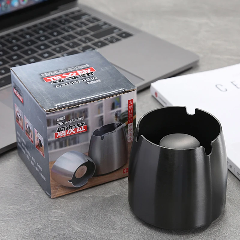 Ashtray with Lid, Black Stainless Ashtray, Table Ashtray, Portable Indoor and Outdoor Ashtray with Non-Slip Mat, for Restaurant,