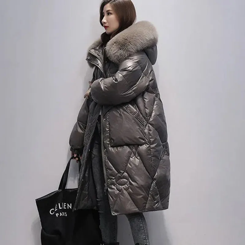

New Women Winter Big Fur Collar Down Cotton Jacket Hooded Down Jackets Female Loose Long Knee Padded Cotton Parke Overcoat Black