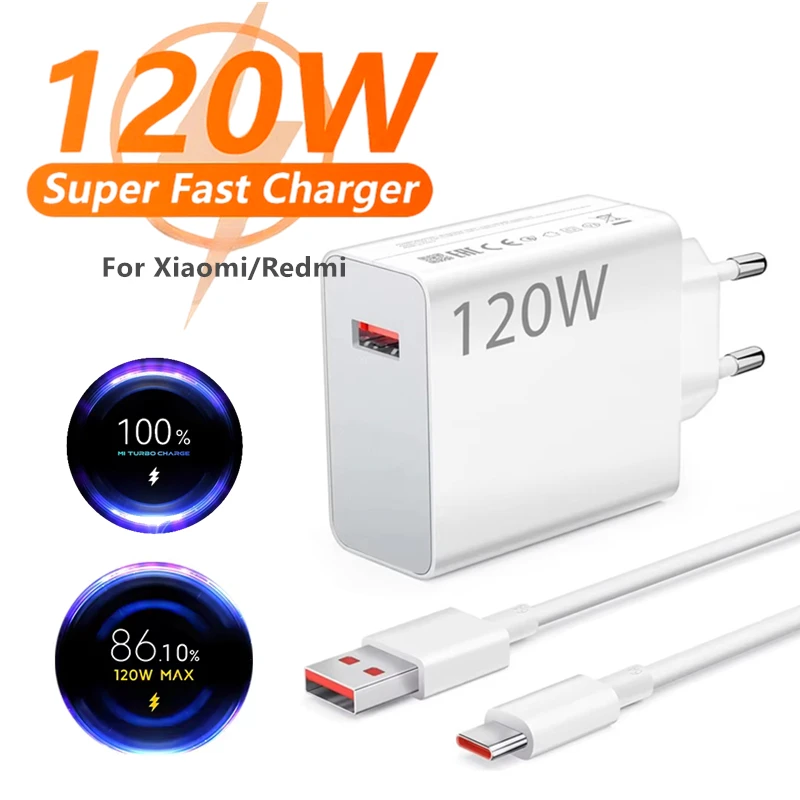 Cargador de pared USB rápido 6A 120W EU para Xiaomi Ultra Redmi Note 12 13 14 POCO F7 X7 Pro, cable de carga turbo tipo C