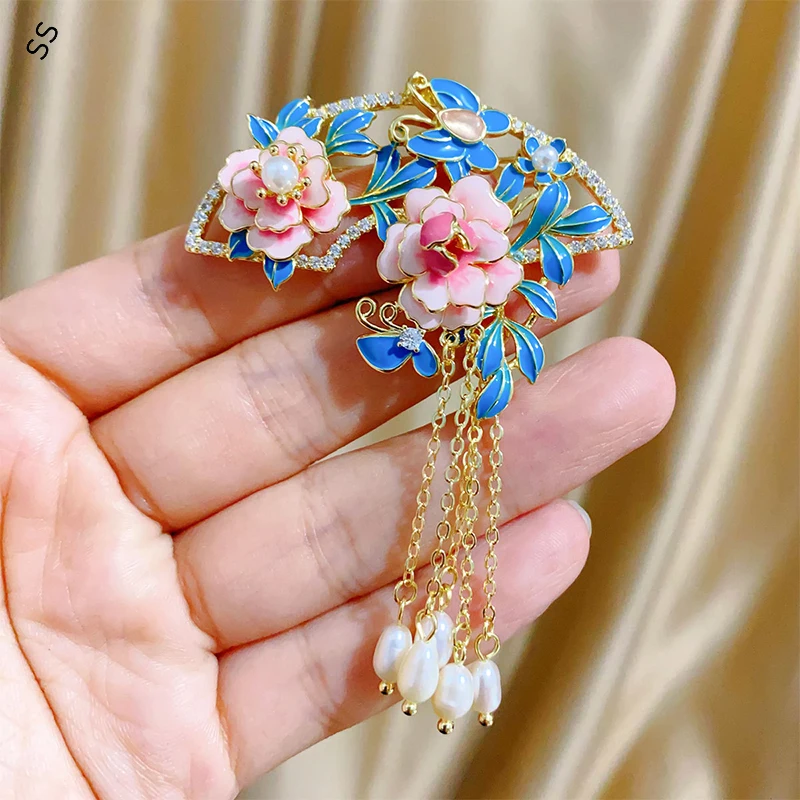중국 스타일 고대 실크 꽃 모란 브로치, 에나멜 컬러 워킹 프린지 코리지 액세서리, 여성용 치파오 한푸