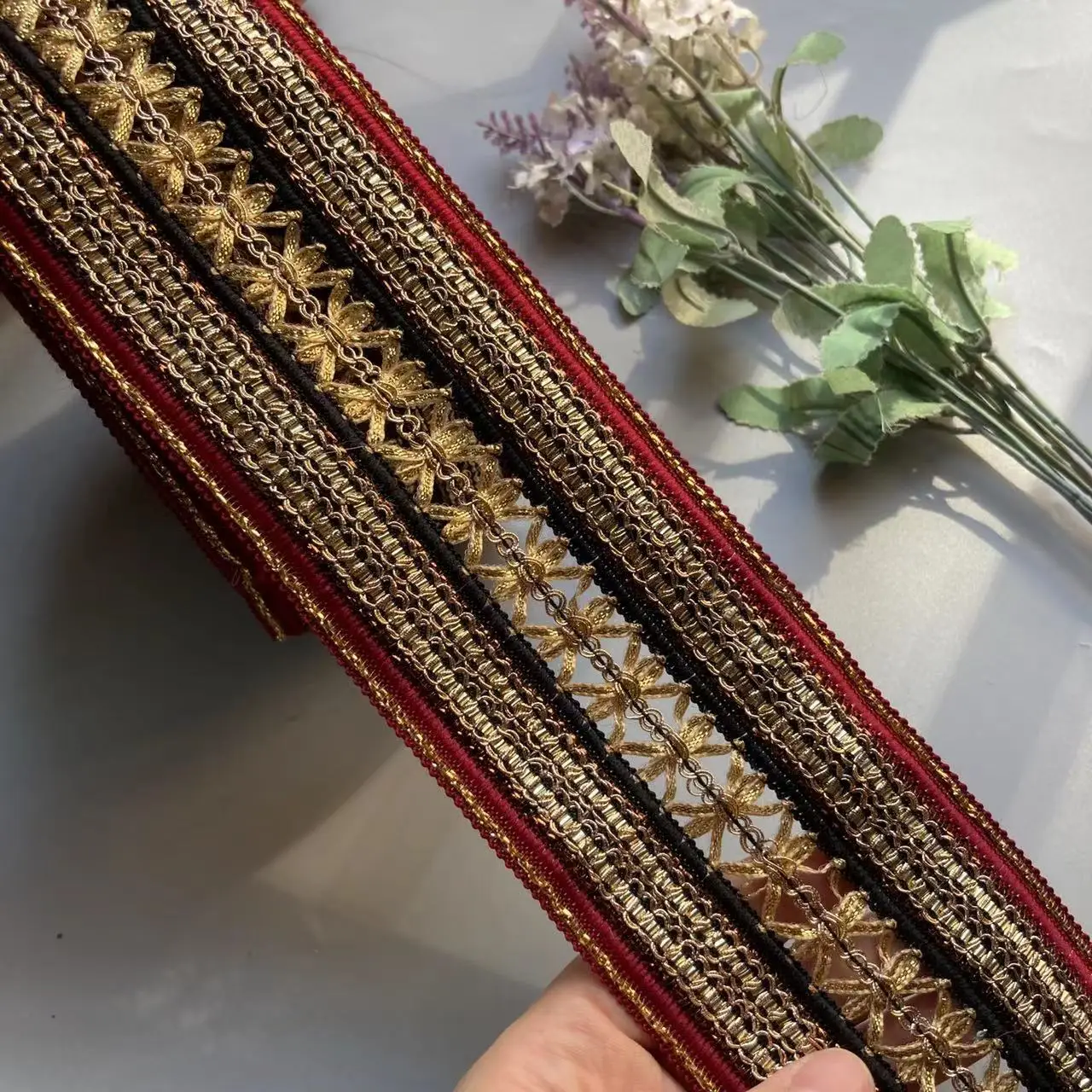 1 Yard 7cm rice lace trim ribbon ethnic clothing gold thread embroidery sequin fabric jacquard webbing