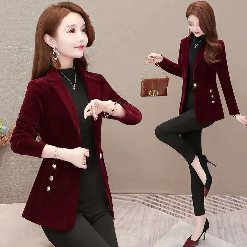 Golden Velvet Fashion Suit Jacket Women's Spring Clothes In 2023 New Trendy Temperament Ladies Slim Professional Leisure Suit To