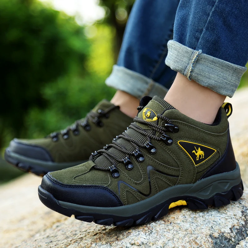 HIKEUP Leather Men Hiking Shoes Tourist Trekking Sneakers Mountain Climbing Boots Trail Jogging Outdoor Shoes For Men