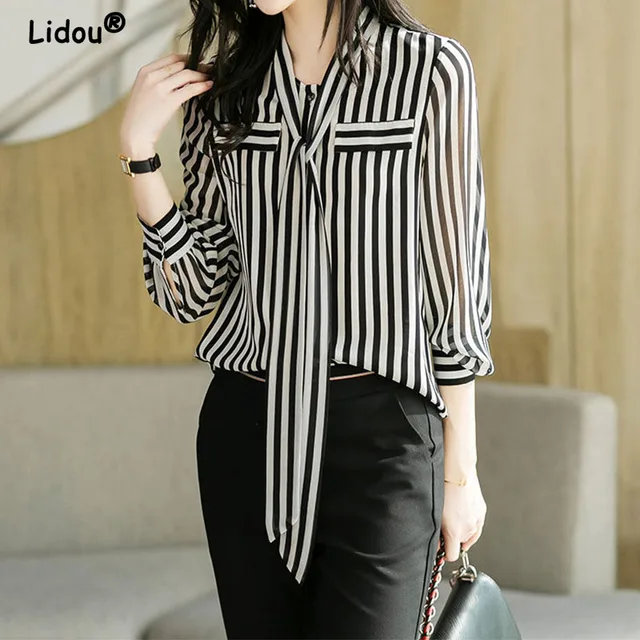 Summer Autumn Elegant Fashion office lady Striped Printing fashion woman blouses 2024 Temperament Long Sleeve Shirt t shirt wome 1