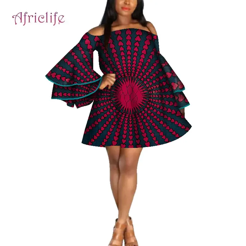 

Slash Neck Summer Dresses for Sexy Lady Sweet Style Bazin Riche Wax Print Party Dresses Knee Skirt For Girls WY4267