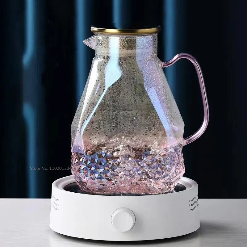 1.6L Transparent Gradient Pink Glass Teapot Set Hot Cold Water Water Jug Coffee Pot Home Carafe Heat-resistant Cup Kettle