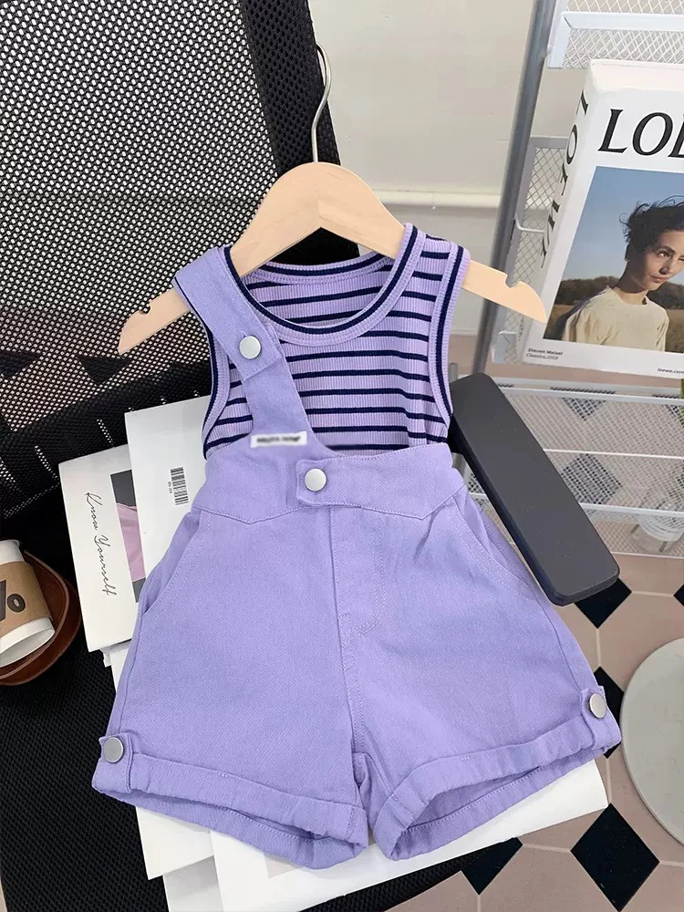 Set di abbigliamento per ragazze 2023 estate nuova canotta senza maniche a righe per bambina
