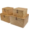 Set of 4 Seagrass Basket with Lid Wicker Storage Basket Decor Storage Boxes Flat Storage Bins Woven Organizer Baskets for Shelf 1