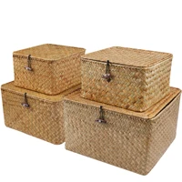 Set of 4 Seagrass Basket with Lid Wicker Storage Basket Decor Storage Boxes Flat Storage Bins Woven Organizer Baskets for Shelf 1