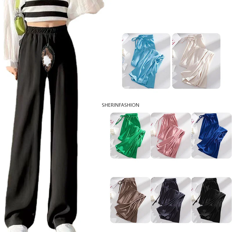 Silk Wide-Leg Pants Women's Summer Thin Invisible Open-Seat Pants Loose Korean Style Straight-Leg Pants Draping Casual Trousers