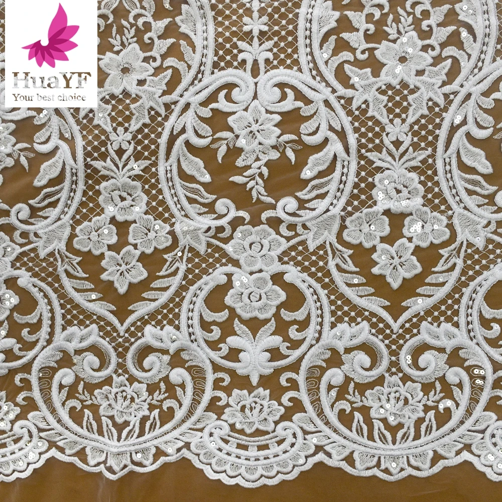 

1 Yard Density Embroidery Austrian Lace Dress Pure White Embroidered Lace Sequins Simple Bridal Dress HY1513-1