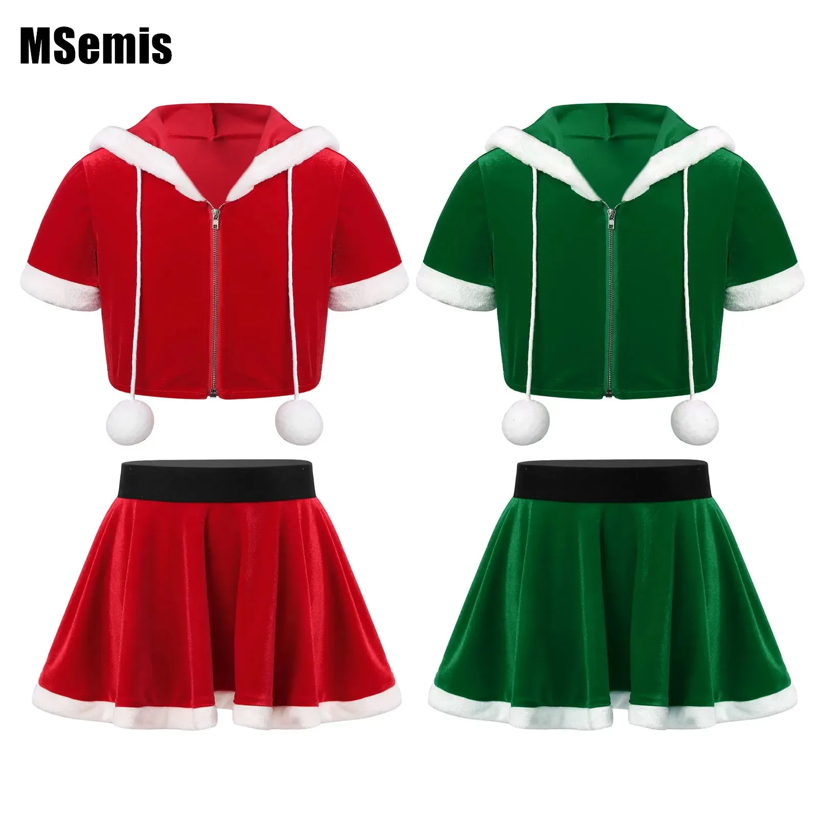

Baby Girls Cute Christmas Outfit Kids Short Sleeve Flannel Hoodie Top with Skirt for Halloween Christmas Party New Year Costume