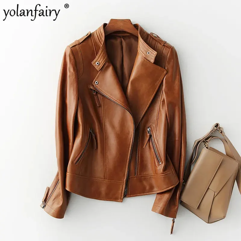 

2023 Spring Autumn Stand Collar Motorcycle Jackets Women Genuine Leather Jacket Sheepskin Coat Chaquetas дубленка женская
