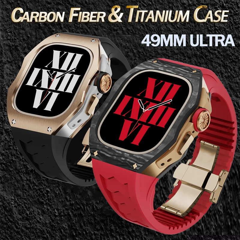 For Apple Watch Ultra 49mm Carbon Fiber & Titanium Case Fluororubber Band  MOD