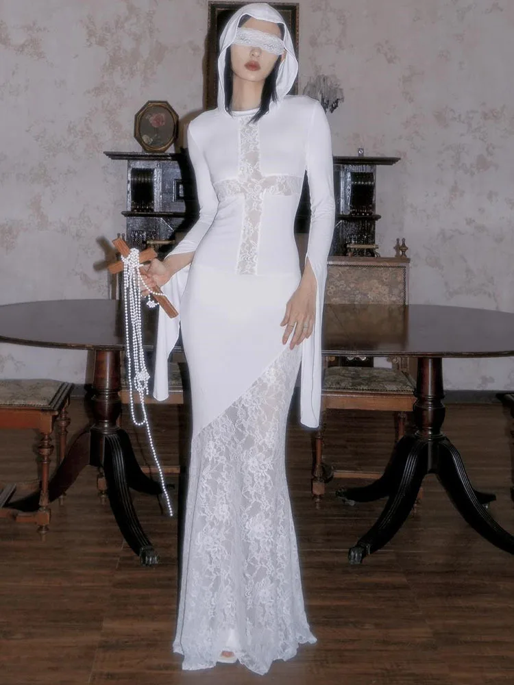 

Apprabant Solid Hooded Maxi Dress See Through Printted Lace Spliced Long Sleeve Split Sexy Bandage Backless Slim Fit Wrapped Hip