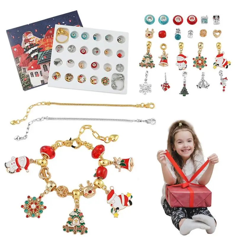 

Christmas Advent Calendar For Girls 24 Days Countdown To Christmas With Bracelet DIY Jewelry Making Kit Cute Charm For Girls