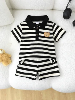 0-3Y Summer male baby 2PCS little bear decoration fashion set lapel striped short sleeved top+casual shorts children's clothing 1