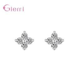 Genuine Sterling Silver Clover Stud Earrings with Sparkling Zircon Stones (8MM)