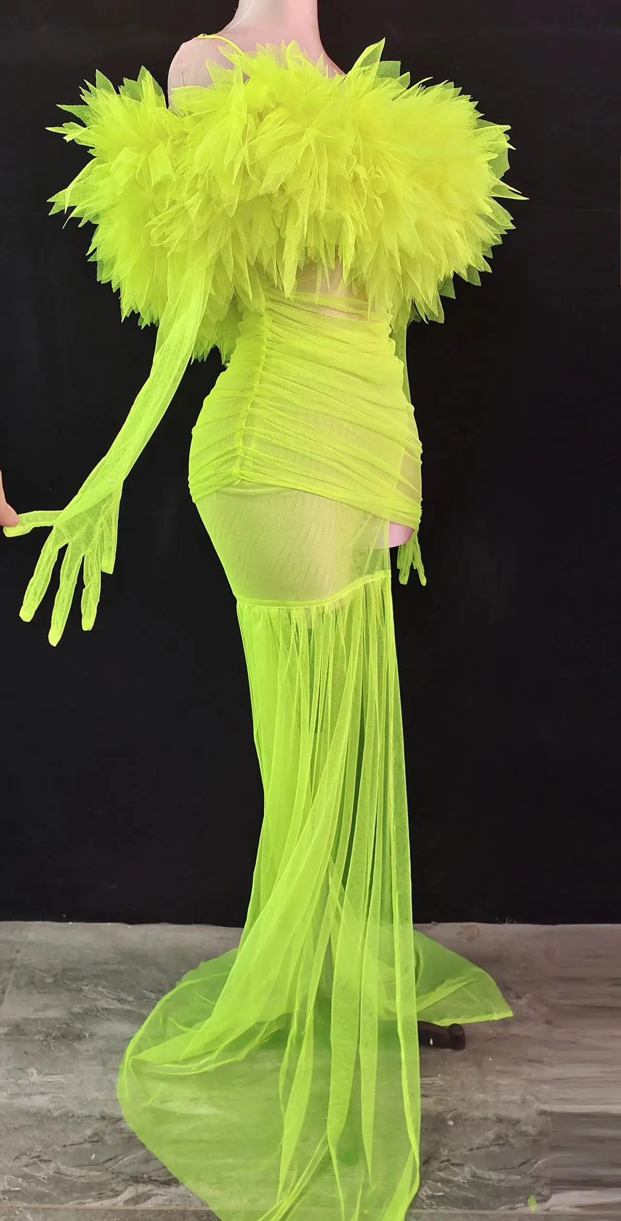 Fluorescent Green Off Shoulder Transparent Trailing Dress Women Singer Concert Catwalk Party Dress Nightclub Show Stage Costume