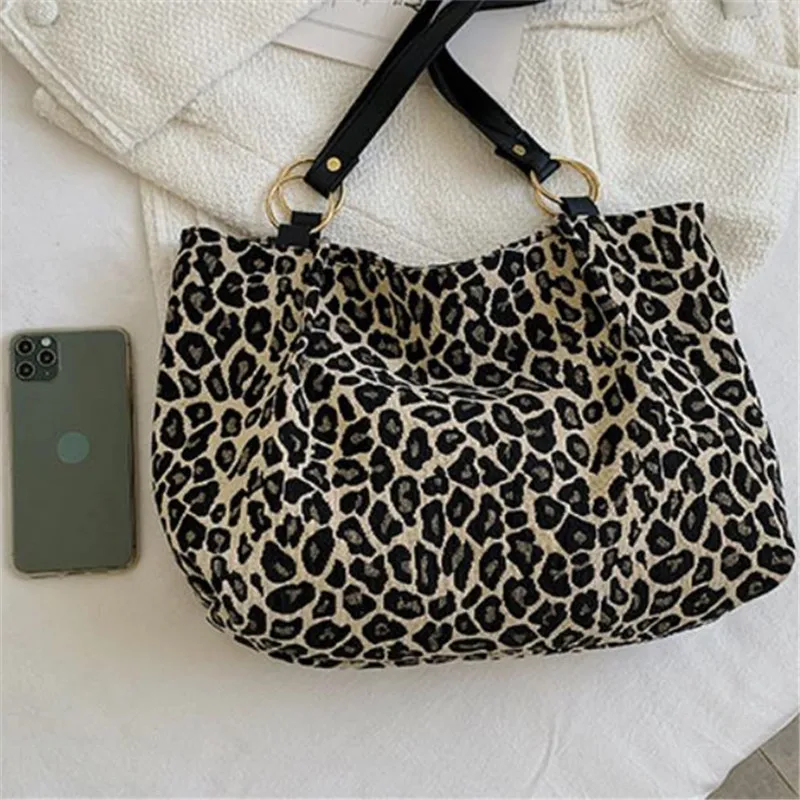 Stylish Leopard Print Fabric Handbags for Women Shoulder Bag Large Capacity Tote Bag with Lining Zipper Pocket Daily Collocation