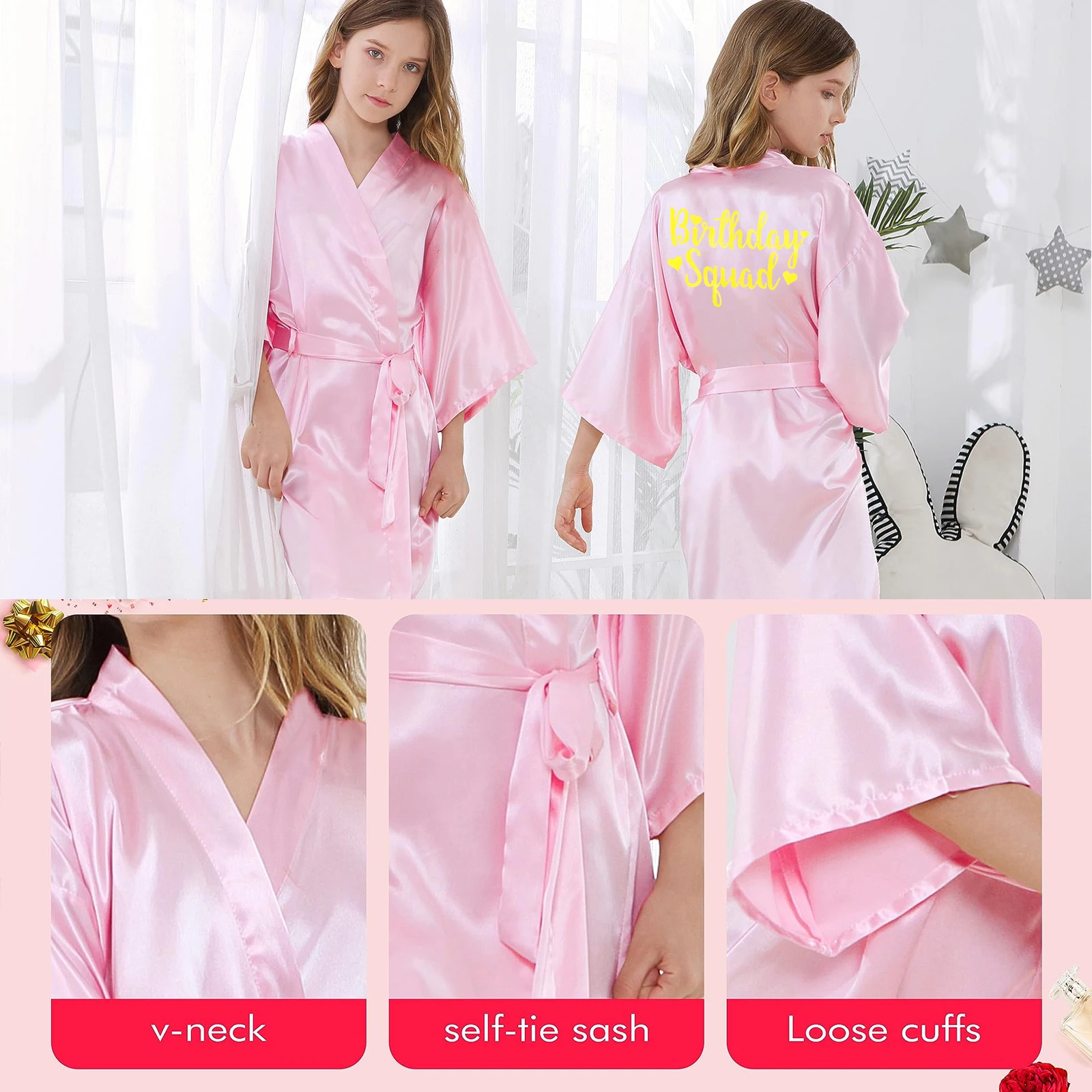 Spa Girls Party Birthday Squad Robes Girl Kimono Spa Robe Pajama Party Favors Soft Satin Bathrobe 6-12Pcs for Kid Birthday Decor party supplies party decorations