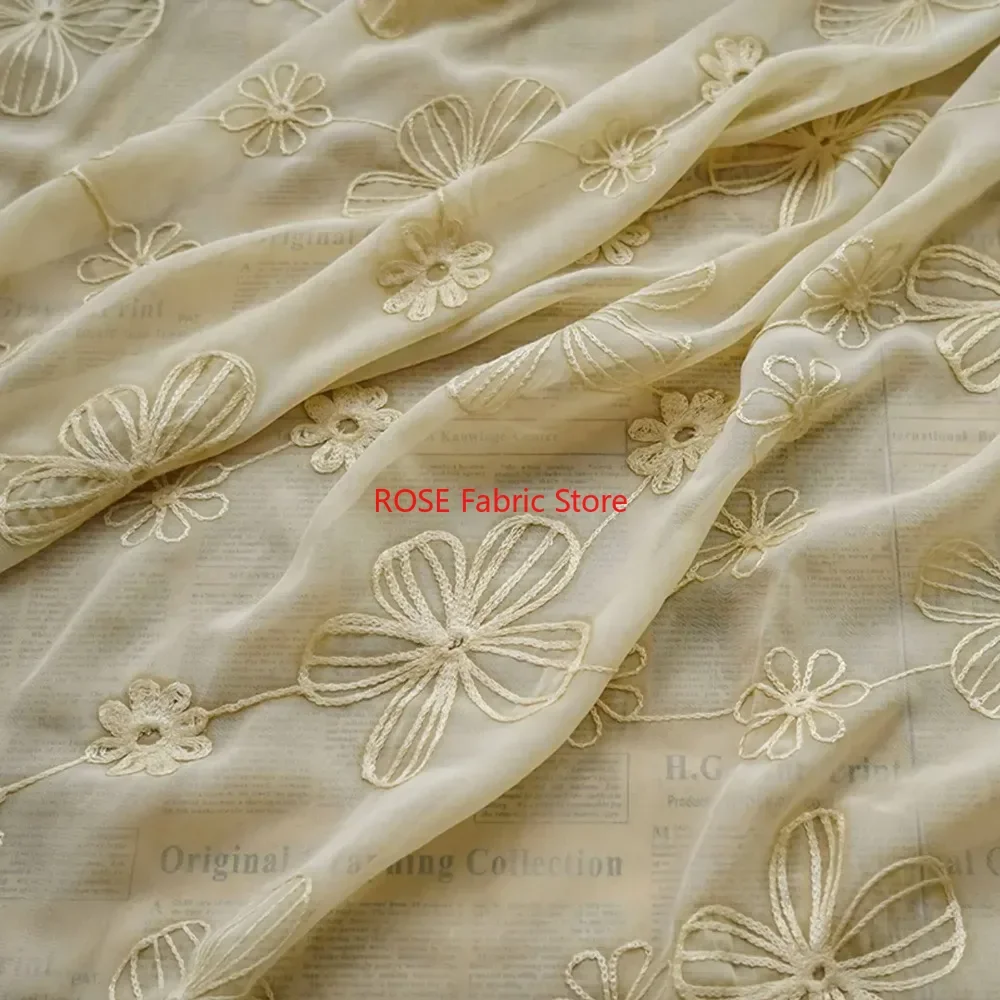 Elegant Green and Beige Floral Embroidery Chiffon Tulle Fabric for Dresses and Costume Design