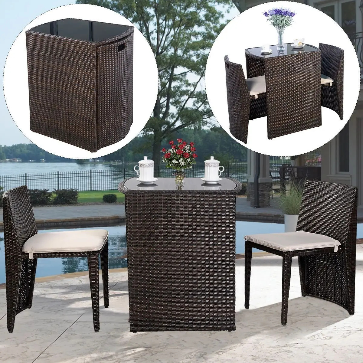 

Costway 3 PCS Cushioned Outdoor Wicker Patio Set Garden Lawn Sofa Furniture Seat Brown No Assembly