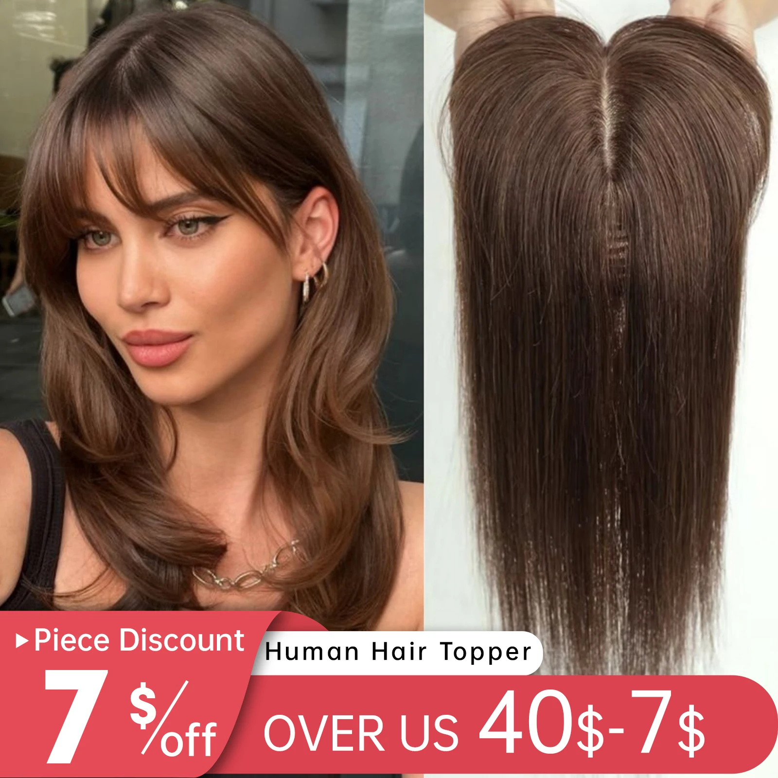 Real Human Hair Toppers with Bangs Silk Base Clip in Toupee Hair Piece for Loss Women Afro Brown Remy Topper Straight human hair extensions human hair toppers