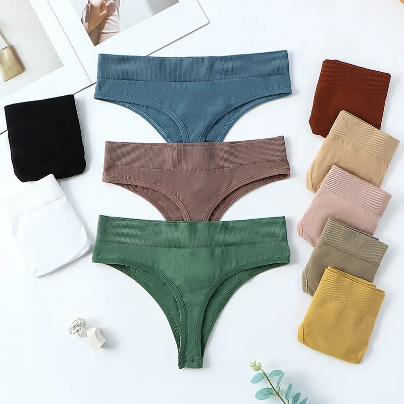 Seamless High Waist Threaded Cotton Solid Color Women Comfort Panties Ladies Sexy Solid Color Seamless Brief Brief Panties