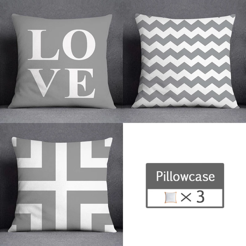 3pcs/lot 45X45CM Gray Lumbar Pillow Case Polyester Geometry Leaf Floral Stripes Plaids Print Sofa Throw Cushion Cover Home Decor 