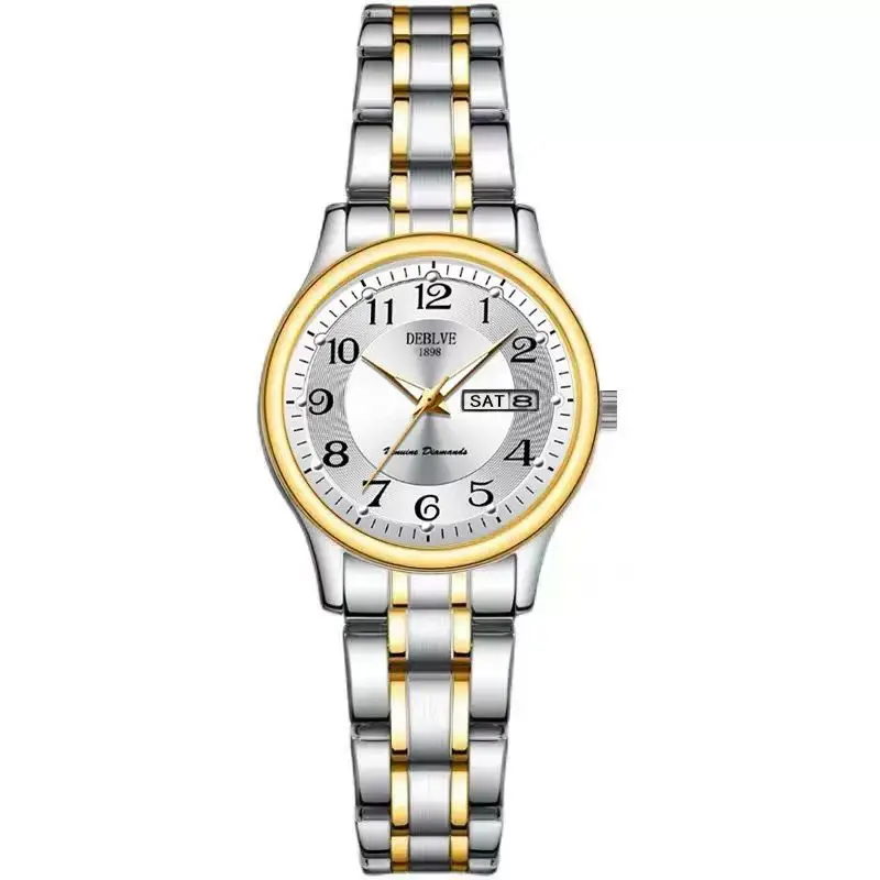 Couple's steel strap dual calendar luminous quartz watch, men's and women's fashion watch, non mechanical quartz watch